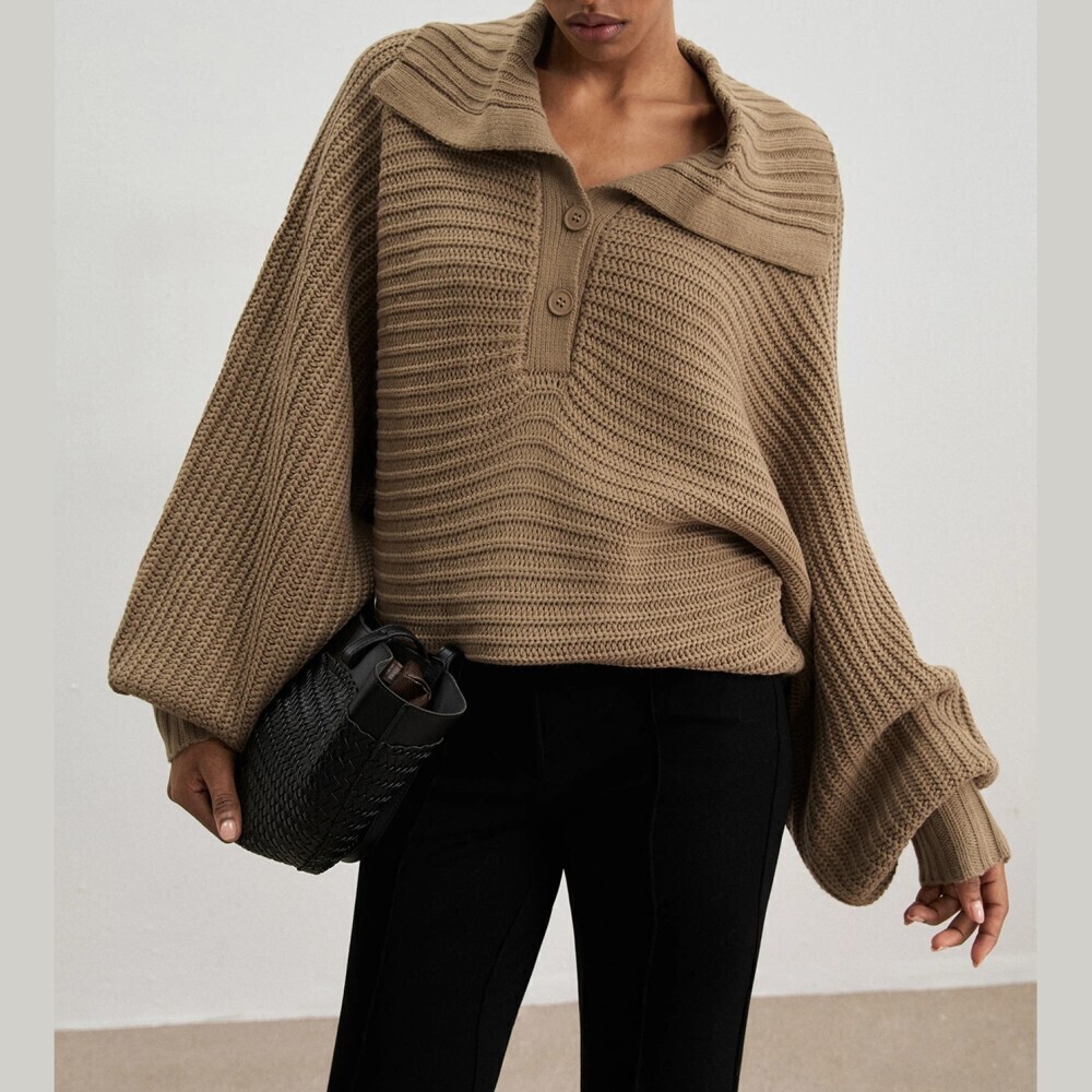 Camel Ribbed Knit Button Polo Collar Oversized Sweater
